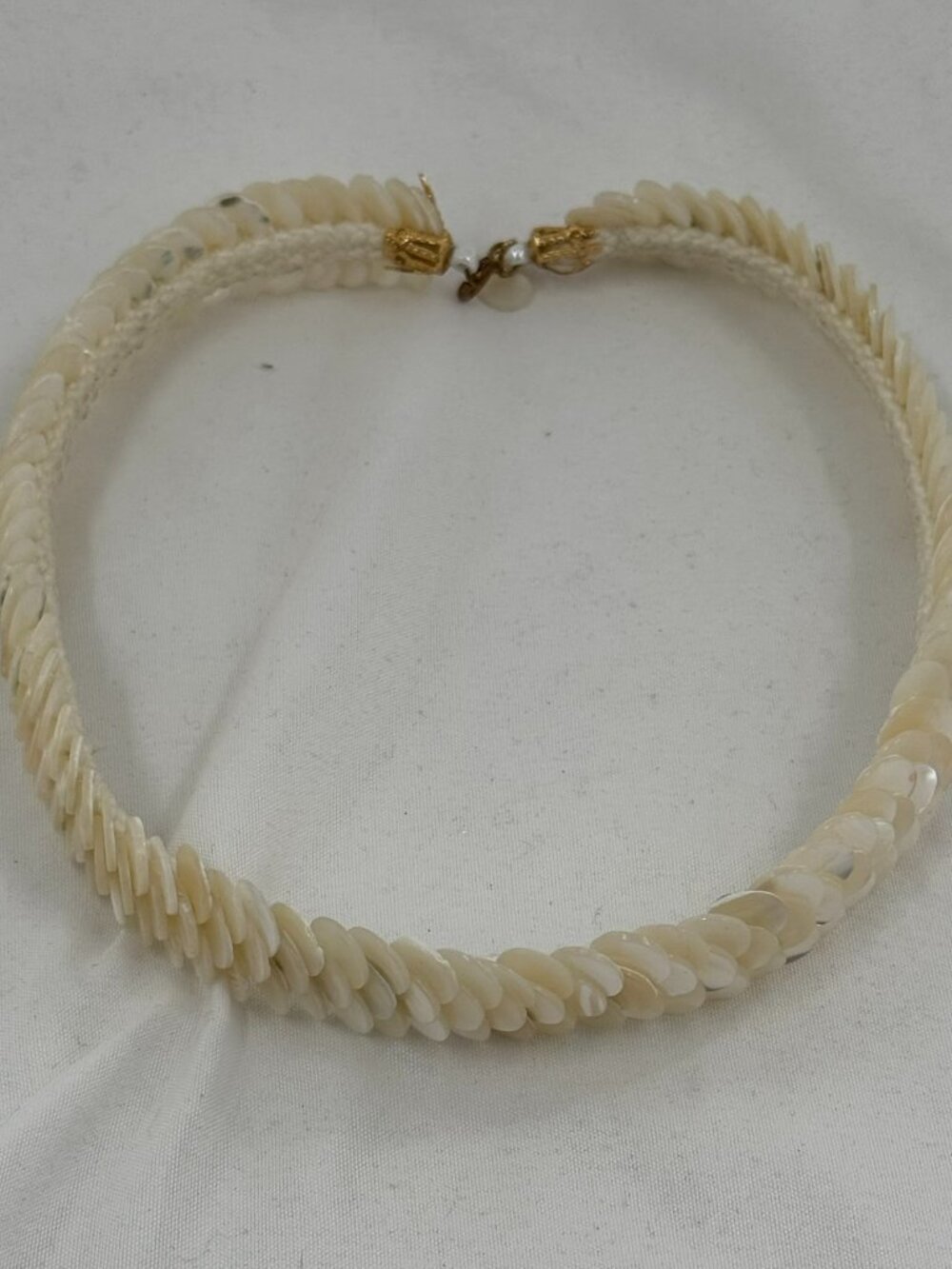 Vintage Mother of Pearl Disc Choker Necklace Sewn onto Cord 15.5 Inches